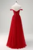 Red A-Line Off the Shoulder Tulle Long Corset Prom Dress with Slit sold by Zapaka