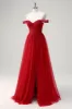 Red A-Line Off the Shoulder Tulle Long Corset Prom Dress with Slit sold by Zapaka