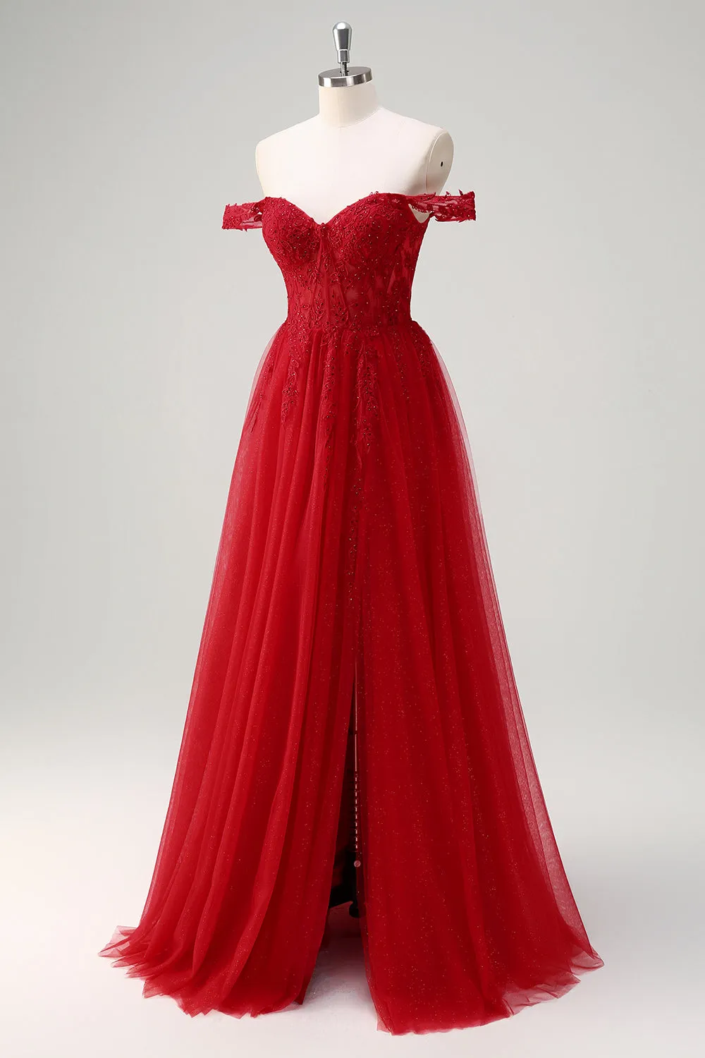 Red A-Line Off the Shoulder Tulle Long Corset Prom Dress with Slit sold by Zapaka product image thumbnail 3