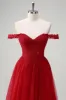 Red A-Line Off the Shoulder Tulle Long Corset Prom Dress with Slit sold by Zapaka
