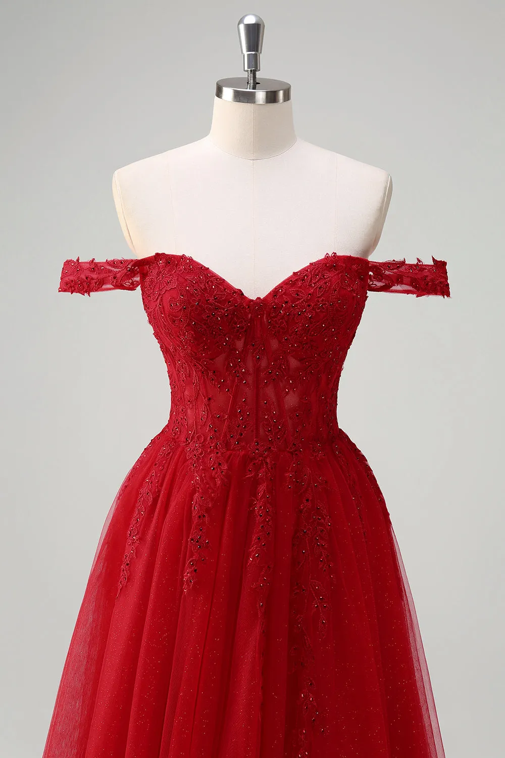Red A-Line Off the Shoulder Tulle Long Corset Prom Dress with Slit sold by Zapaka product image thumbnail 4