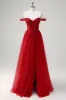 Red A-Line Off the Shoulder Tulle Long Corset Prom Dress with Slit sold by Zapaka