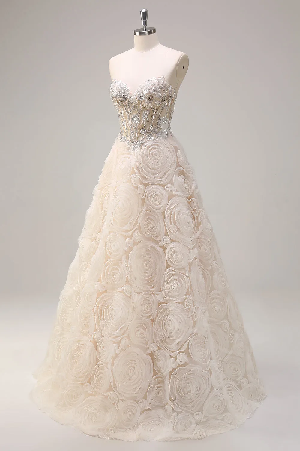 Light Champagne Princess Strapless Floral Corset Long Prom Dress with Sequins sold by Zapaka product image thumbnail 3