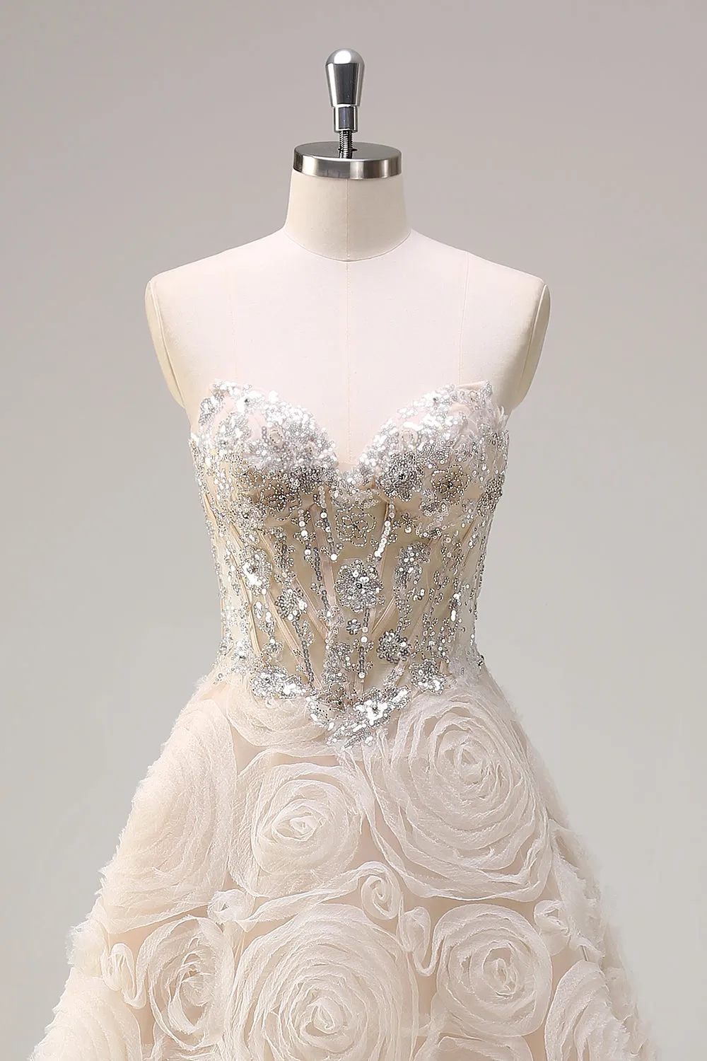 Light Champagne Princess Strapless Floral Corset Long Prom Dress with Sequins sold by Zapaka product image thumbnail 4