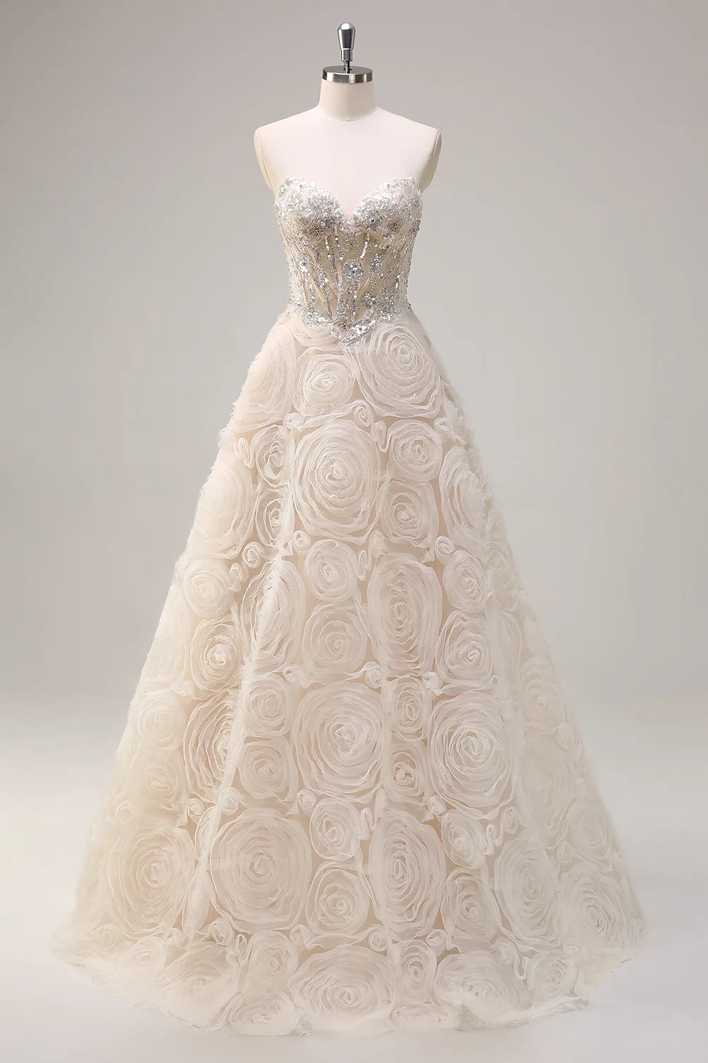 Light Champagne Princess Strapless Floral Corset Long Prom Dress with Sequins sold by Zapaka