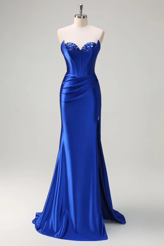 Royal Blue Mermaid Strapless Corset Sequin Ruched Long Prom Dress with Slit sold by Zapaka