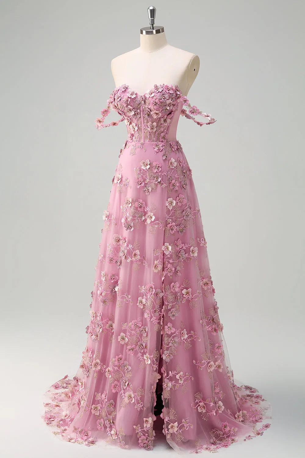 Taro A-Line Off The Shoulder Corset Slit Long Prom Dress With 3D Flowers sold by Zapaka product image thumbnail 2