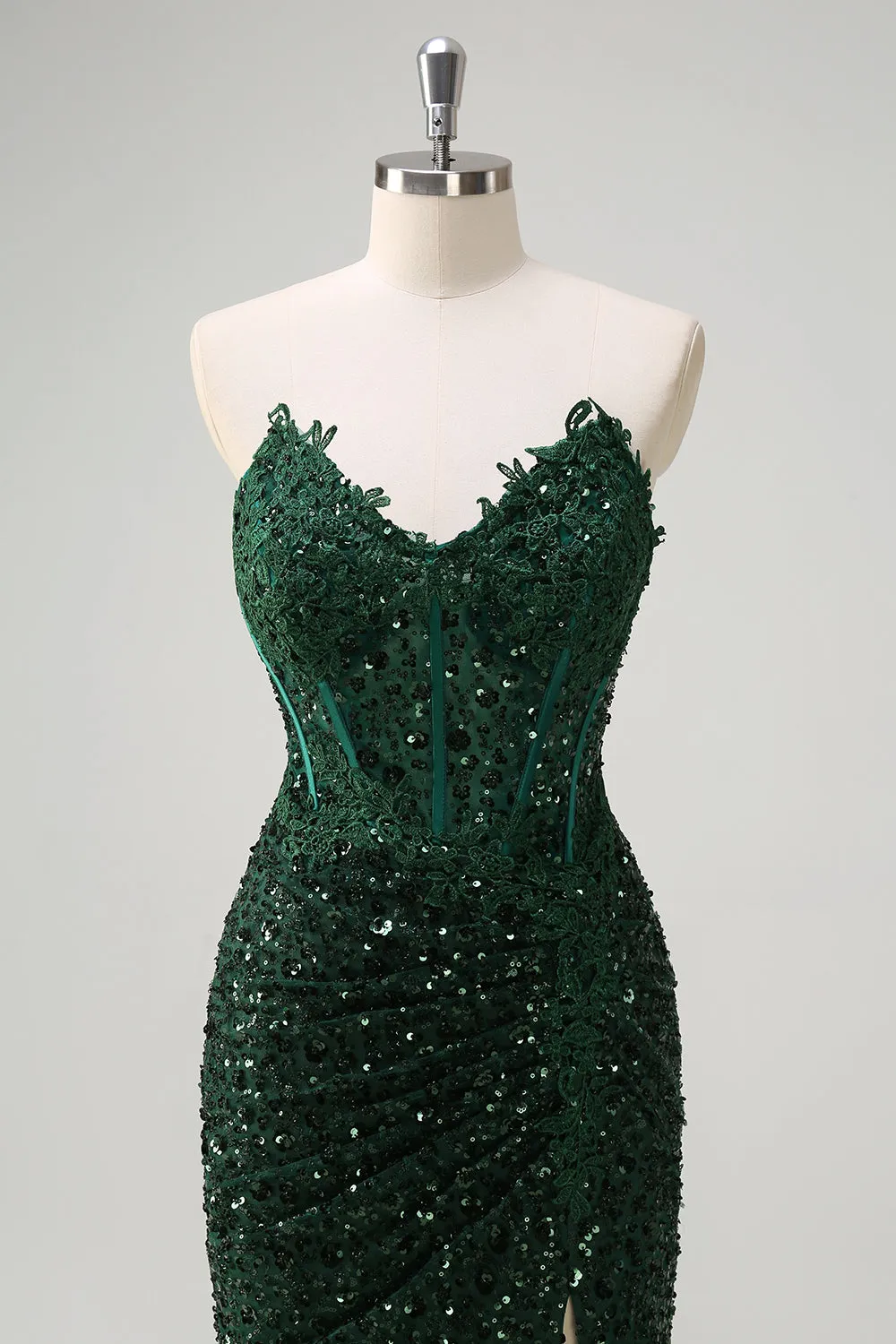 Sparkly Mermaid Sweetheart Dark Green Corset Sequins Lace Prom Dress with Slit sold by Zapaka product image thumbnail 4