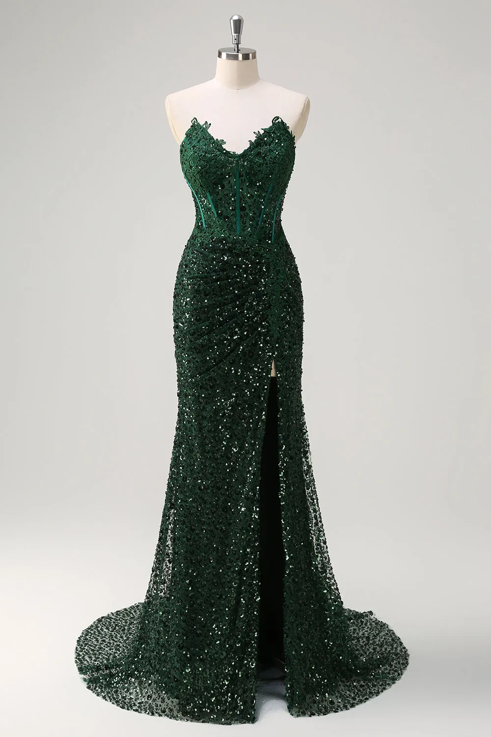Sparkly Mermaid Sweetheart Dark Green Corset Sequins Lace Prom Dress with Slit sold by Zapaka