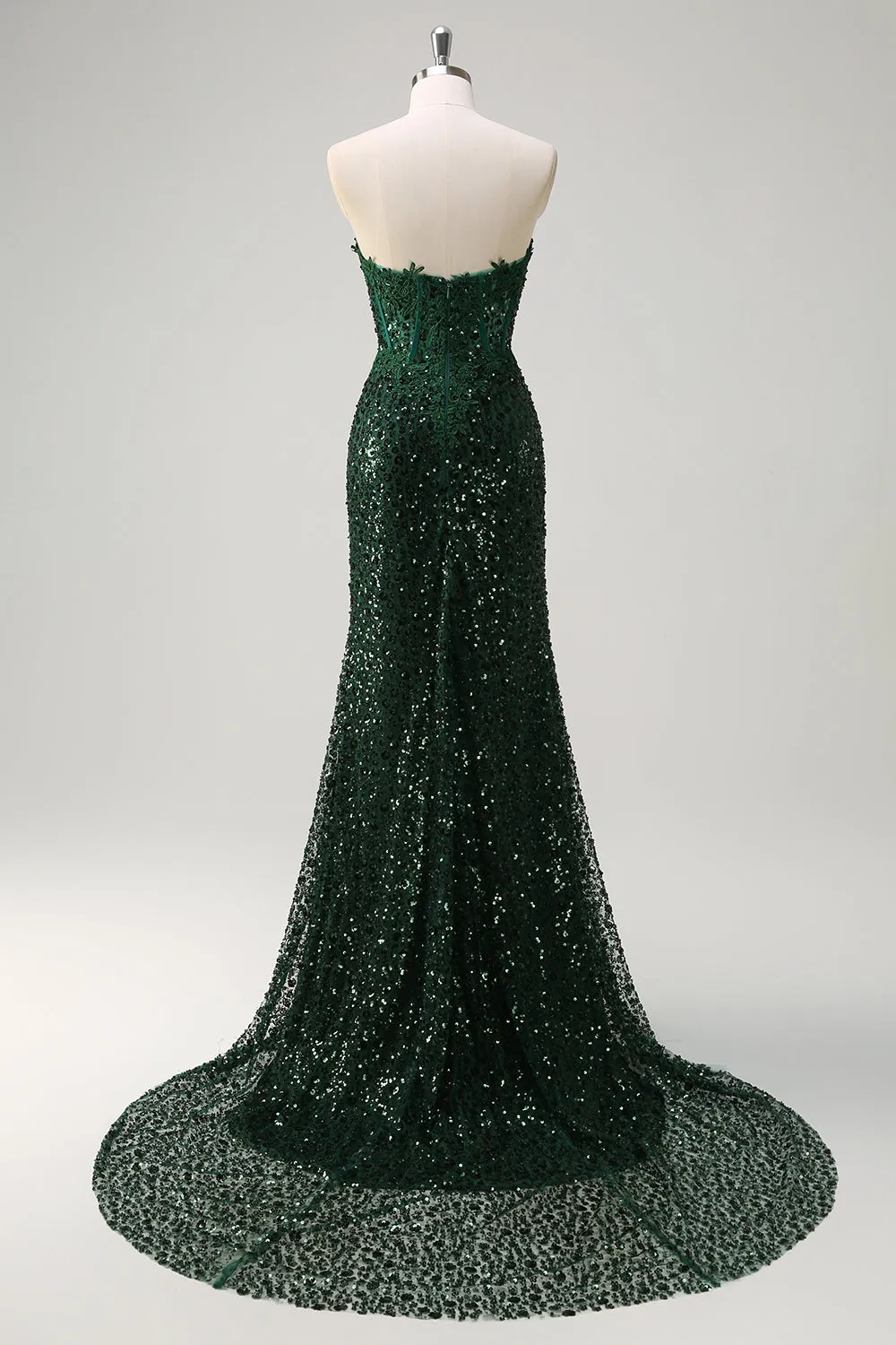 Sparkly Mermaid Sweetheart Dark Green Corset Sequins Lace Prom Dress with Slit sold by Zapaka product image thumbnail 2