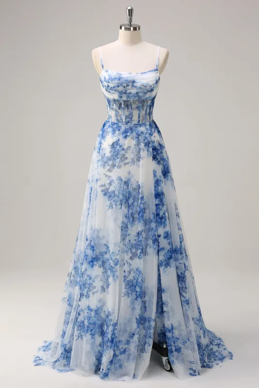 White Blue Flower Spaghetti Straps Ruched Corset Long Prom Dress With Slit sold by Zapaka