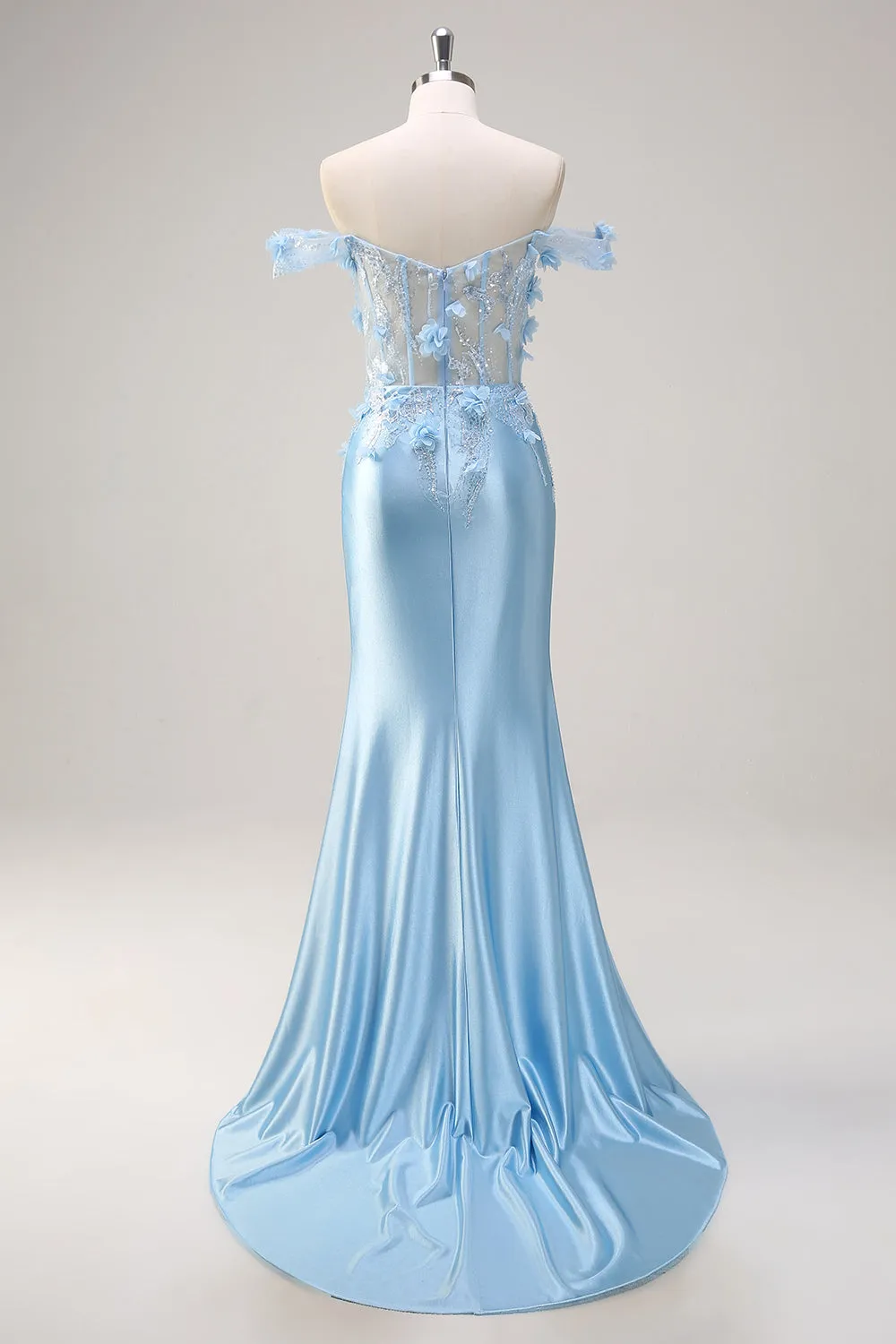 Sky Blue Mermaid Off The Shoulder Corset Floral Long Prom Dress with 3D Flowers sold by Zapaka product image thumbnail 2