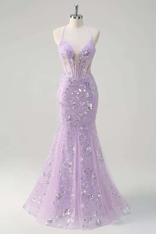 Sparkly Lilac Mermaid Sheer Corset Sequin Prom Dress with Lace Up Back sold by Zapaka