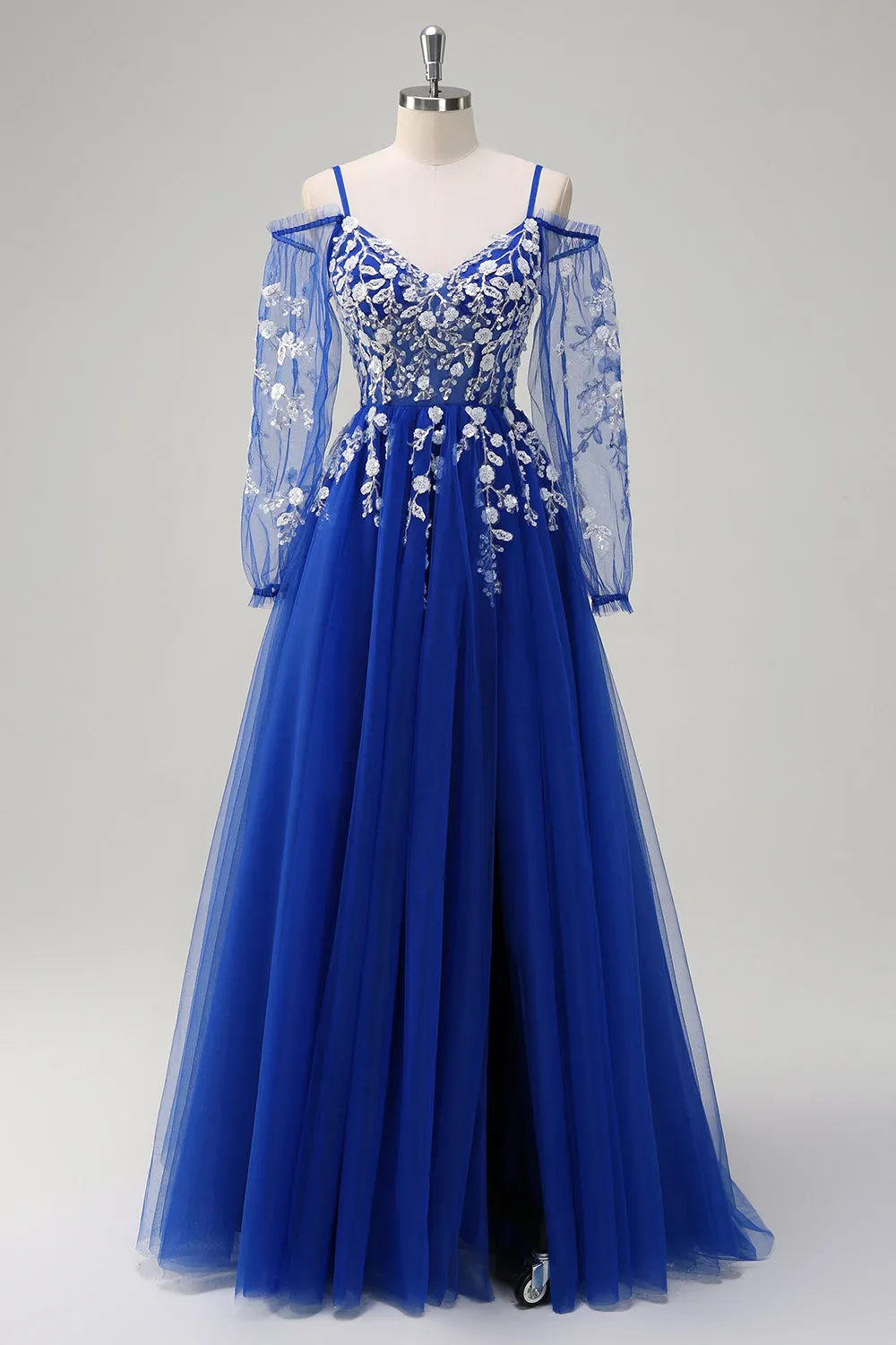 Royal Blue A-Line Cold Shoulder Sequin Applique Long Prom Dress with Tulle Slit sold by Zapaka
