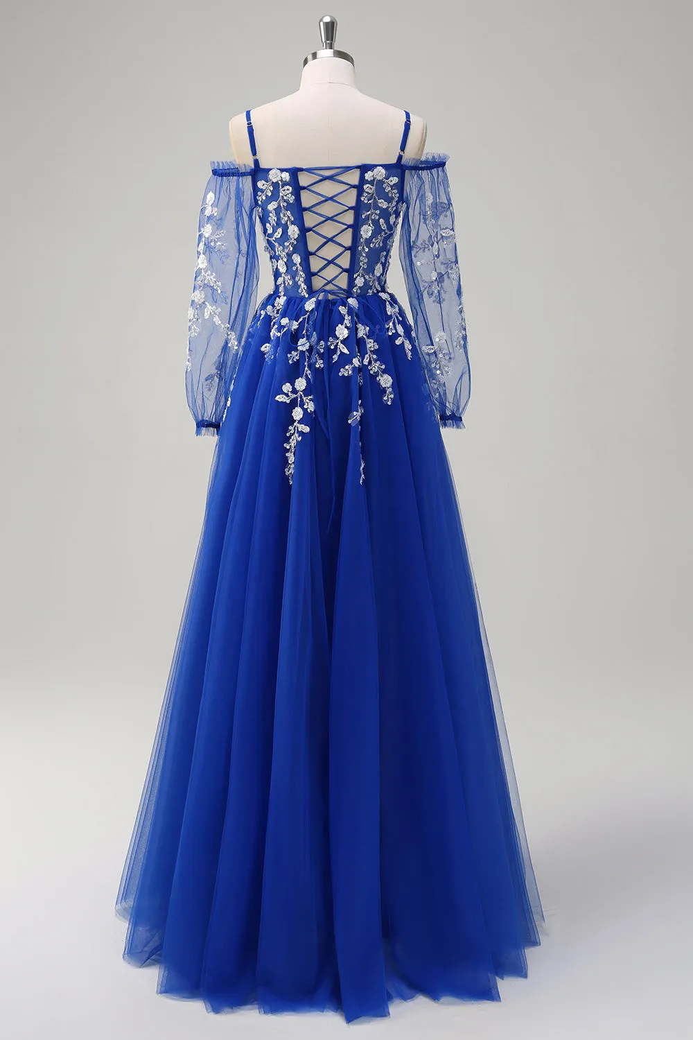 Royal Blue A-Line Cold Shoulder Sequin Applique Long Prom Dress with Tulle Slit sold by Zapaka product image thumbnail 2