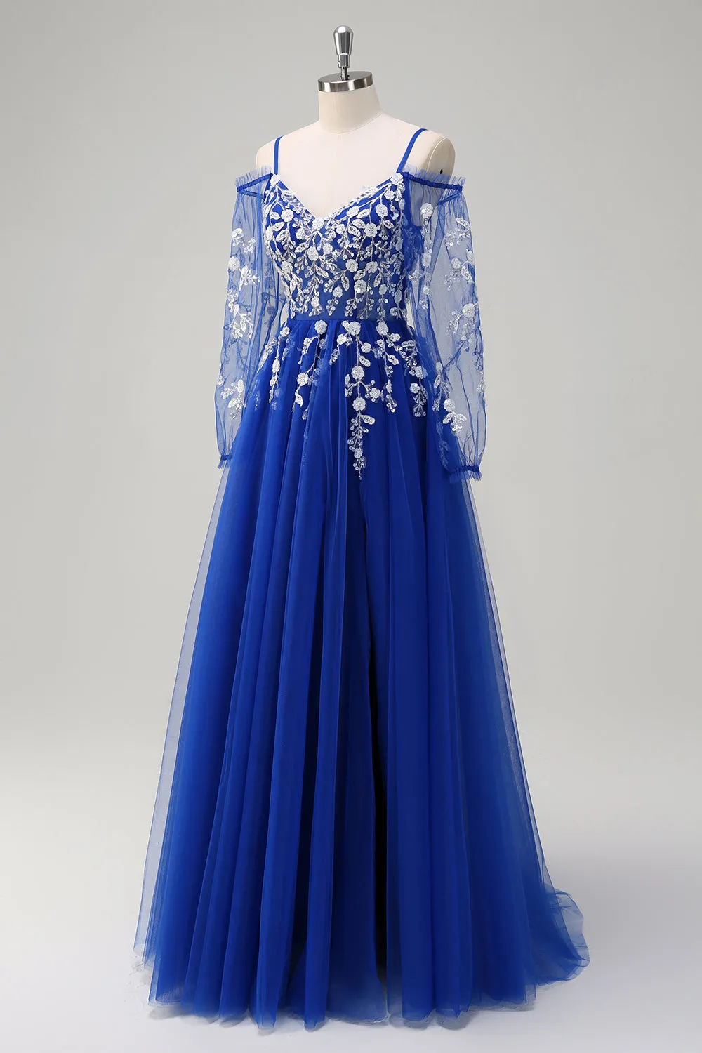 Royal Blue A-Line Cold Shoulder Sequin Applique Long Prom Dress with Tulle Slit sold by Zapaka product image thumbnail 3