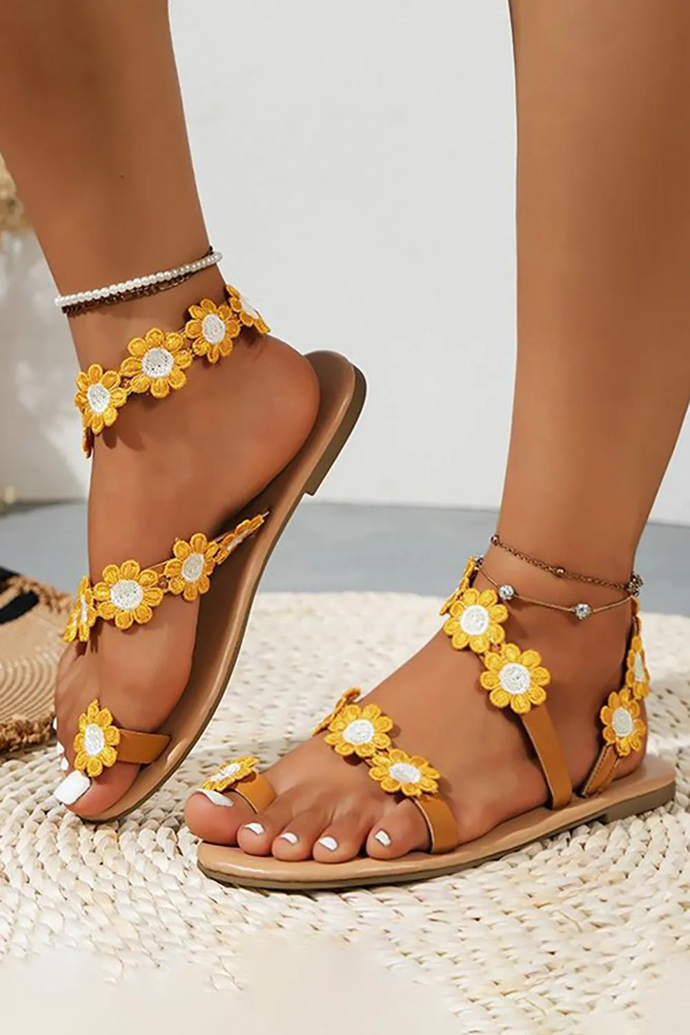 Yellow Flower Boho Flat Sandals sold by Zapaka product image thumbnail 2