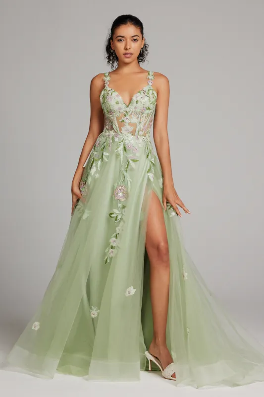 Sparkly Green A Line Sequin Corset Embroidered Long Prom Dress With Slit sold by Zapaka