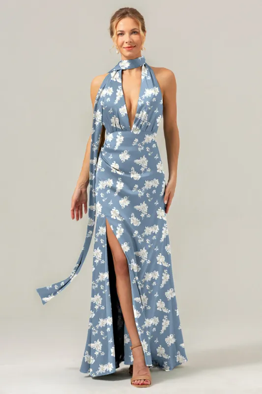 Blue White Flower Deep V Neck Streamer Backless Long Bridesmaid Dress with Slit sold by Zapaka