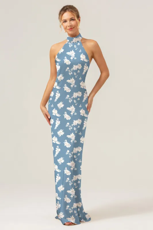 Blue White Flower Halter Sheath Print Long Bridesmaid Dress with Slit sold by Zapaka