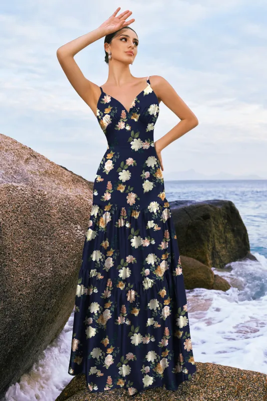 Navy Bloom A-Line Spaghetti Straps Backless Print Satin Long Bridesmaid Dress sold by Zapaka