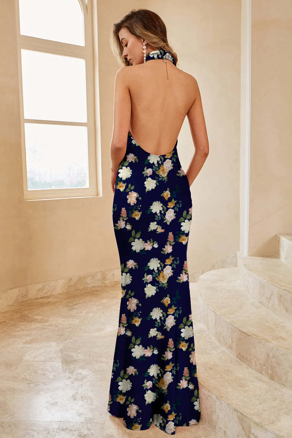 Blue White Flower Mermaid Halter Open Back Print Long Bridesmaid Dress sold by Zapaka product image thumbnail 4