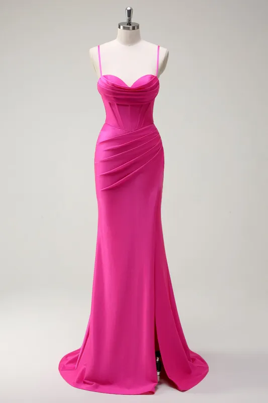 Fuchsia Spaghetti Straps Mermaid Long Prom Dress with Slit sold by Zapaka