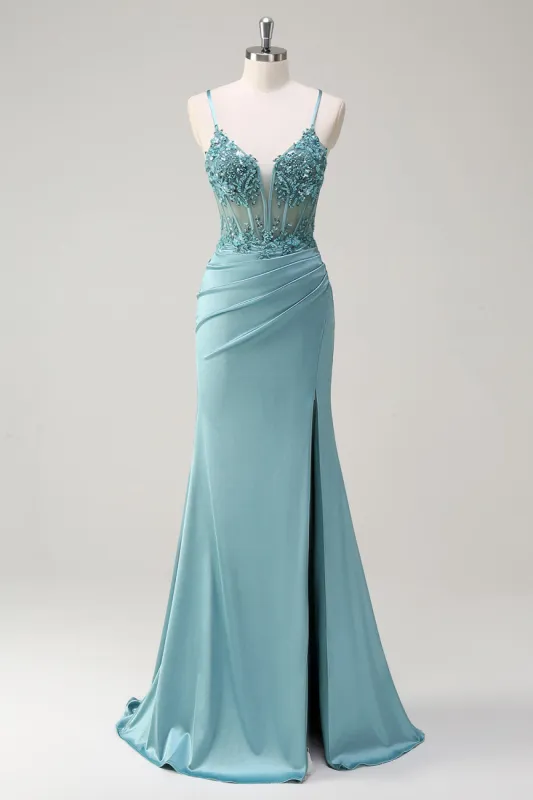 Sparkly Blue Mermaid Corset Prom Dress with Slit sold by Zapaka