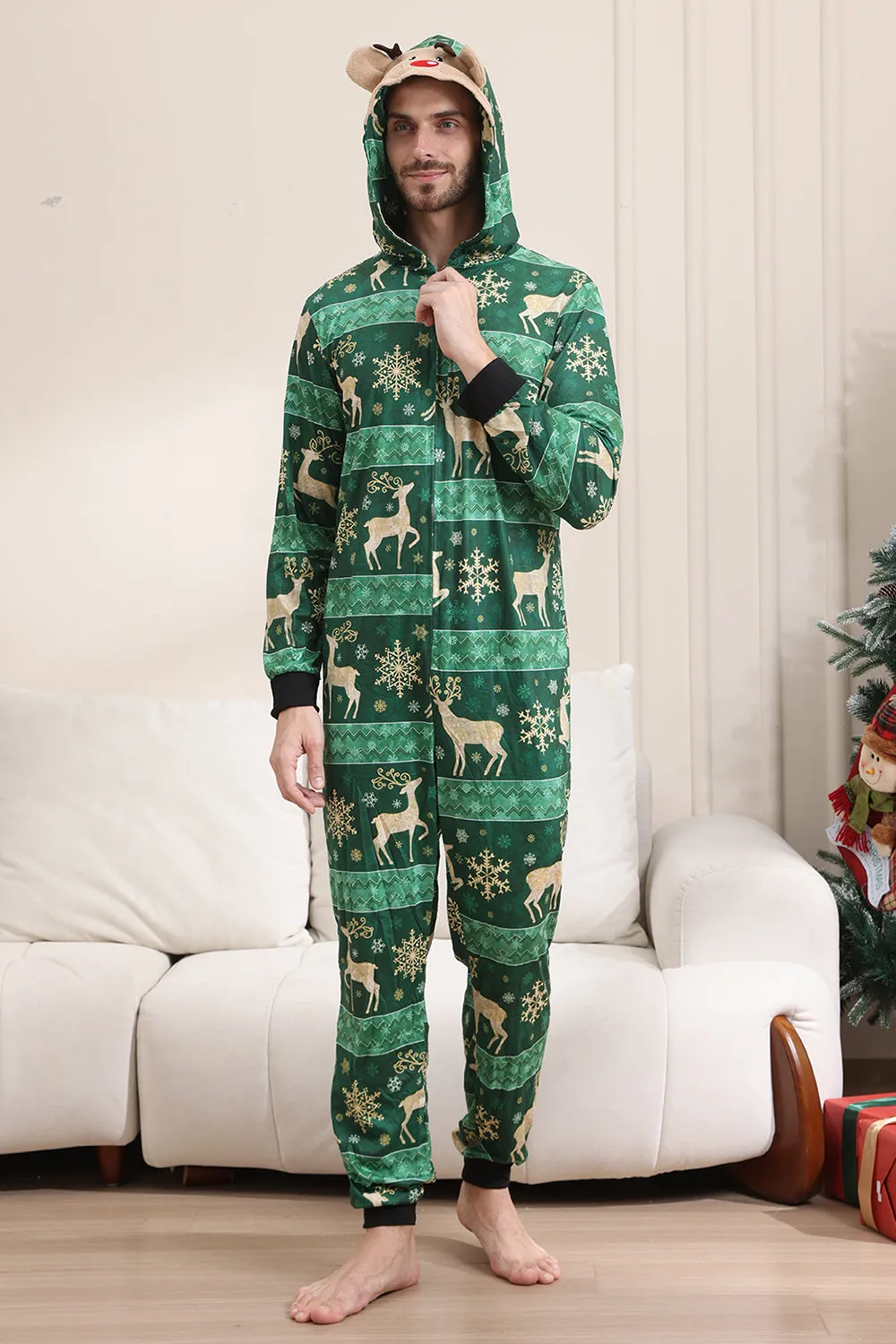 Dark Green Deer and Snowflake Print Pajamas Set for Men and Women Couples Family sold by Zapaka product image thumbnail 4