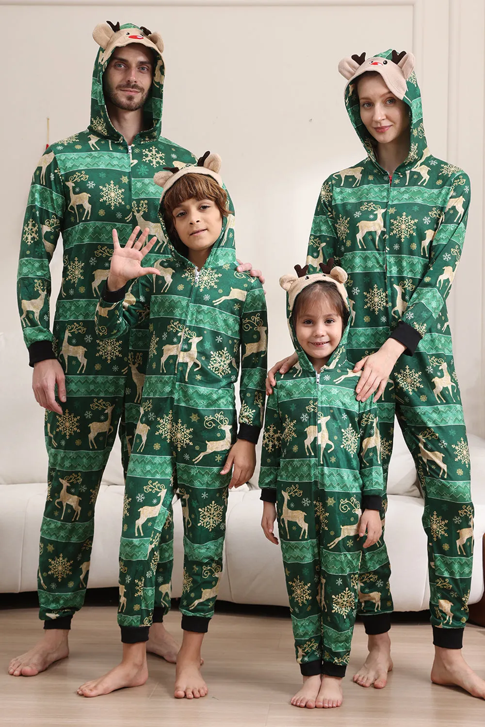 Dark Green Deer and Snowflake Print Pajamas Set for Men and Women Couples Family sold by Zapaka
