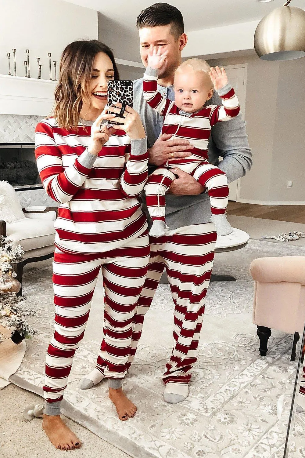 Red and White Stripes Long Sleeves Family Pajama Sets sold by Zapaka