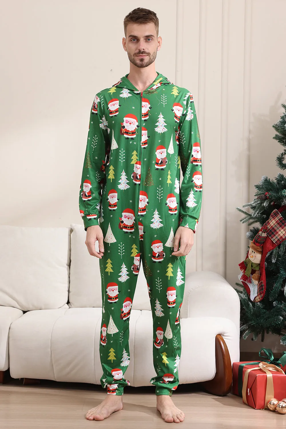 Green Christmas Pajamas for Family Matching Christmas for Women Men Hooded One Piece Pjs Holiday Sleepwear sold by Zapaka product image thumbnail 5
