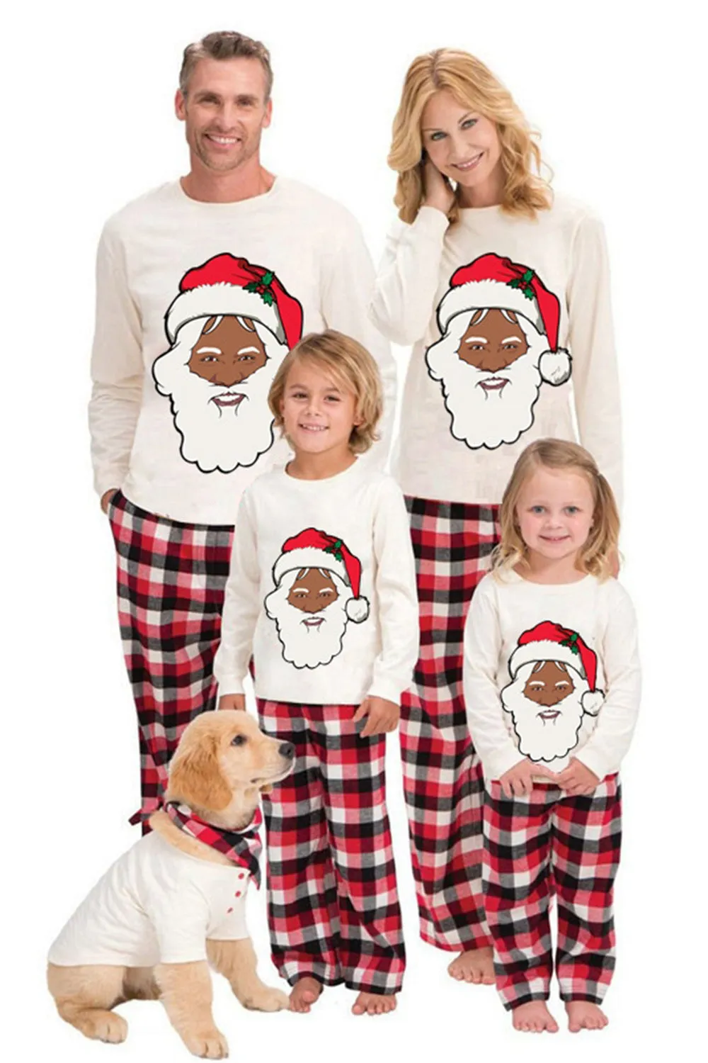 New Family Christmas Cartoon Santa Claus Long Sleeve Top with Plaid Pants White Christmas Pajamas Set sold by Zapaka