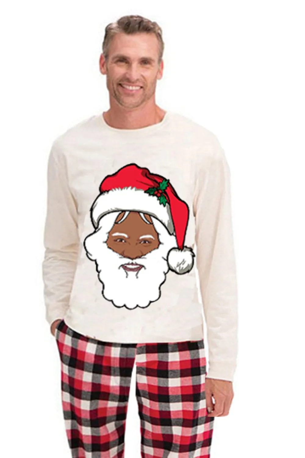New Family Christmas Cartoon Santa Claus Long Sleeve Top with Plaid Pants White Christmas Pajamas Set sold by Zapaka product image thumbnail 2