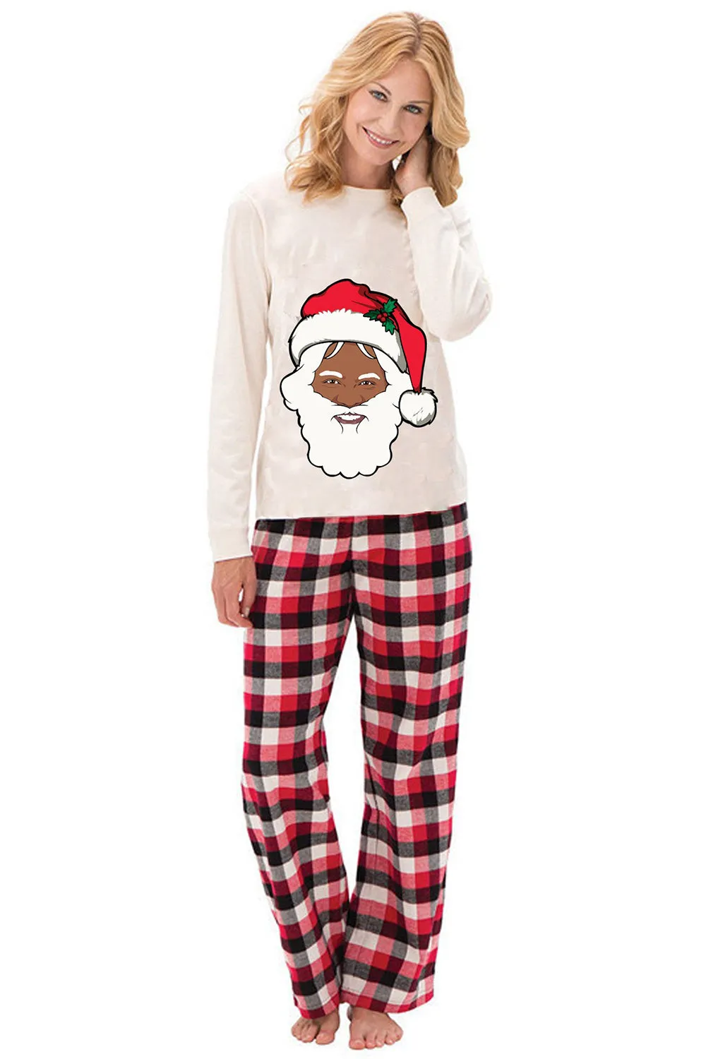 New Family Christmas Cartoon Santa Claus Long Sleeve Top with Plaid Pants White Christmas Pajamas Set sold by Zapaka product image thumbnail 3