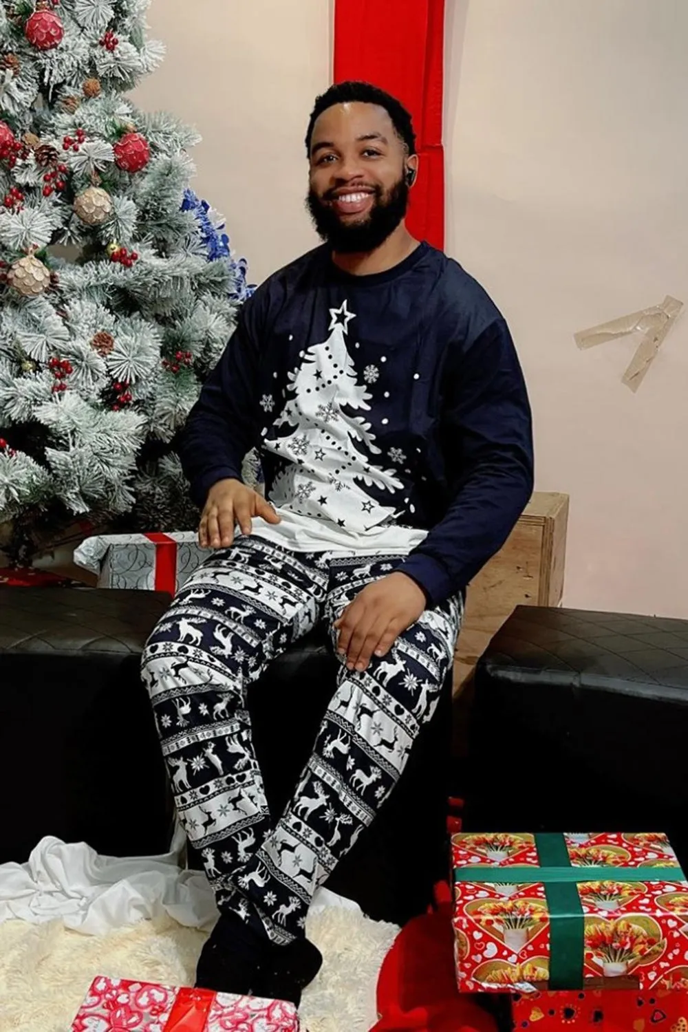 Christmas Family Navy Flannel White Christmas Tree Pajamas Set sold by Zapaka product image thumbnail 5