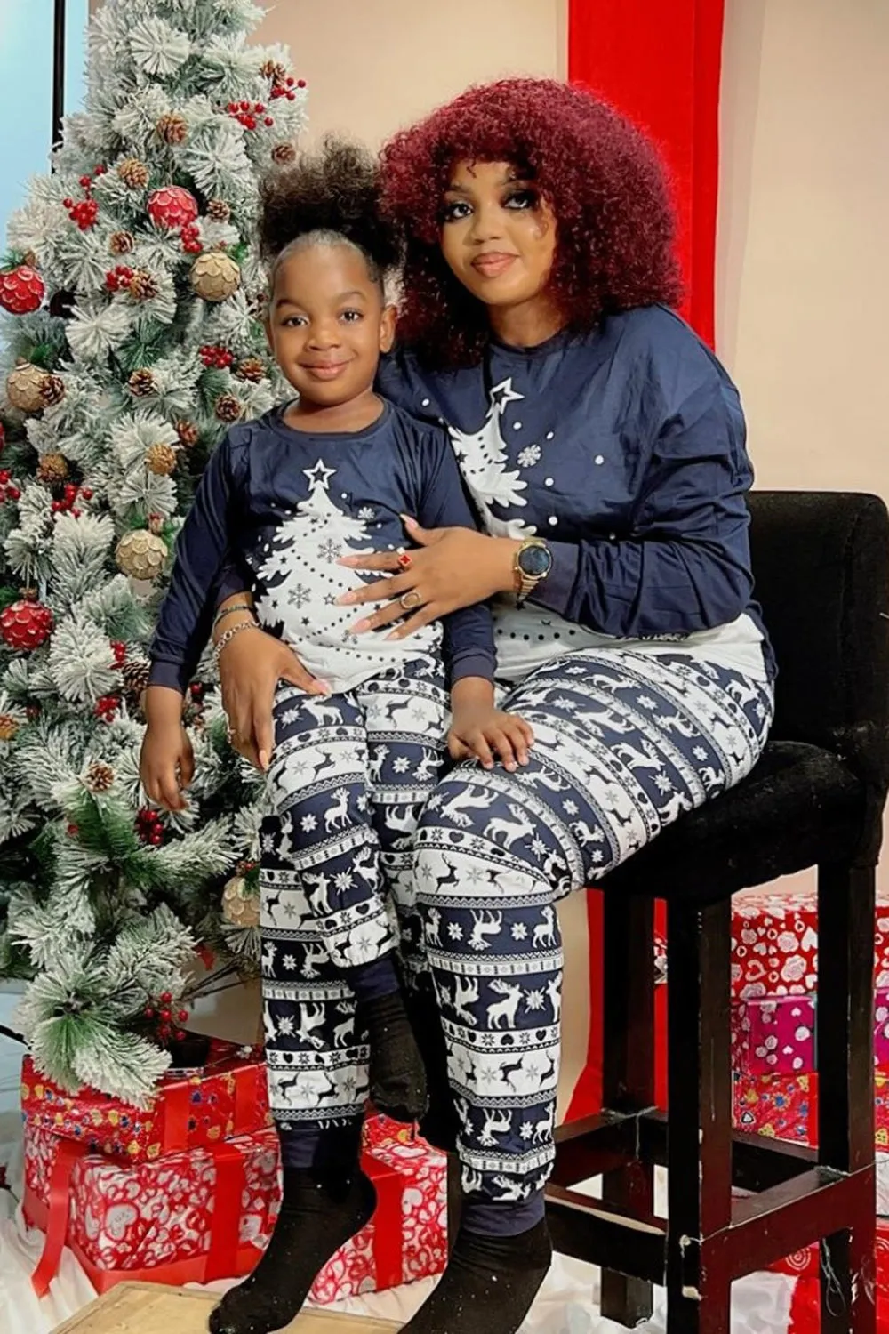 Christmas Family Navy Flannel White Christmas Tree Pajamas Set sold by Zapaka product image thumbnail 3