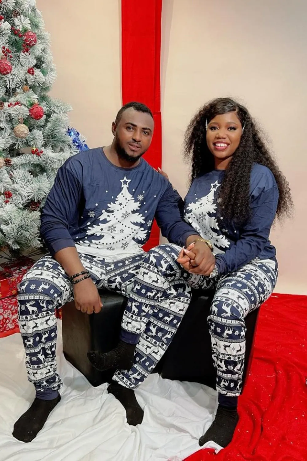 Christmas Family Navy Flannel White Christmas Tree Pajamas Set sold by Zapaka product image thumbnail 4