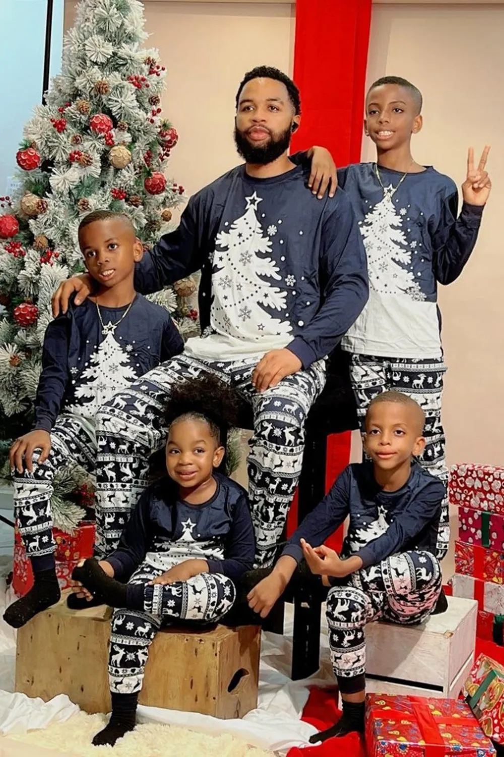 Christmas Family Navy Flannel White Christmas Tree Pajamas Set sold by Zapaka
