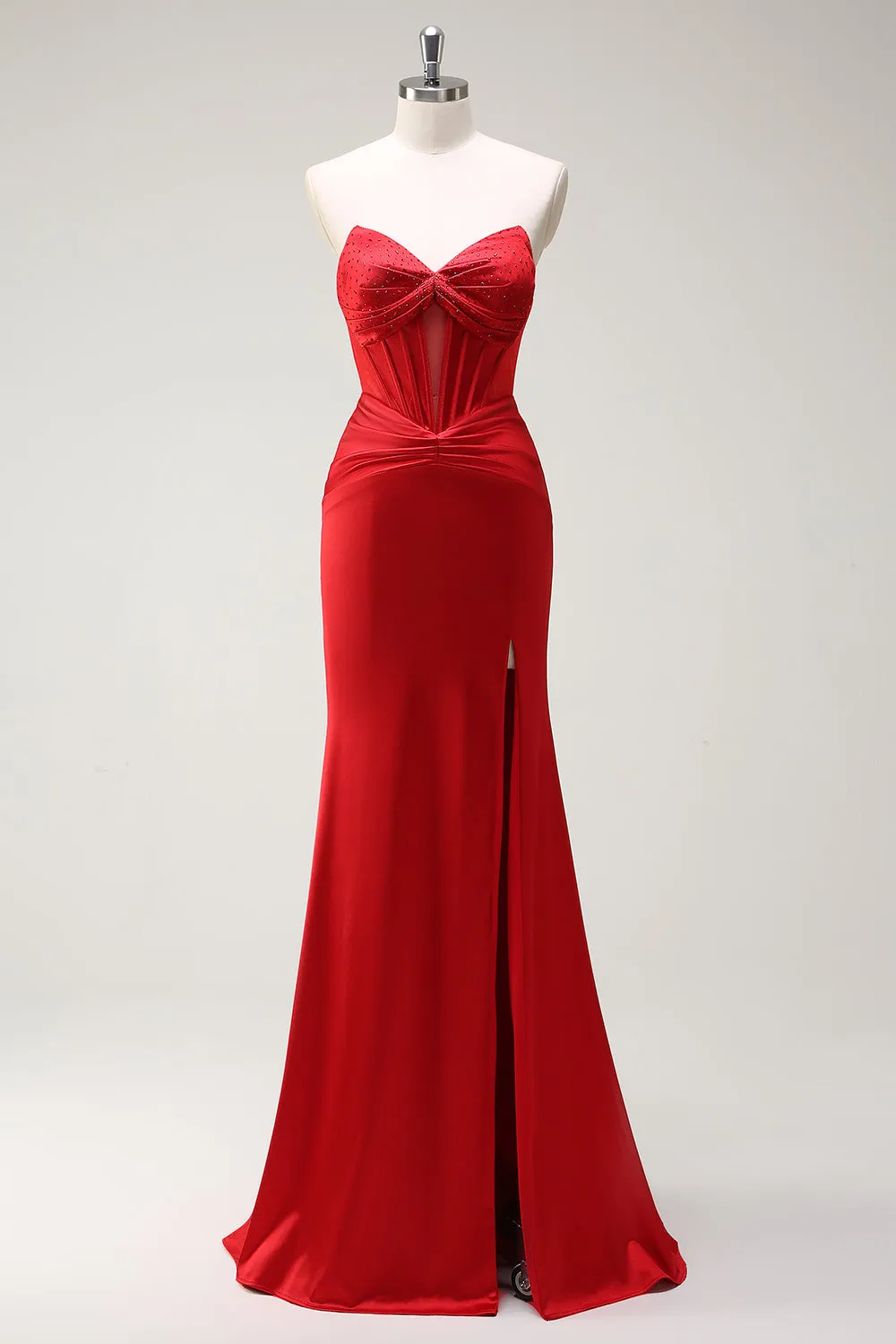 Mermaid Sweetheart Red Corset Long Prom Dress with Slit sold by Zapaka