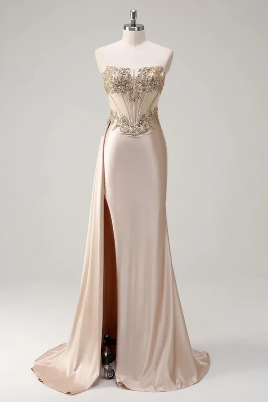 Champagne Strapless Mermaid Satin Side Cape Prom Dress with Sequins sold by Zapaka