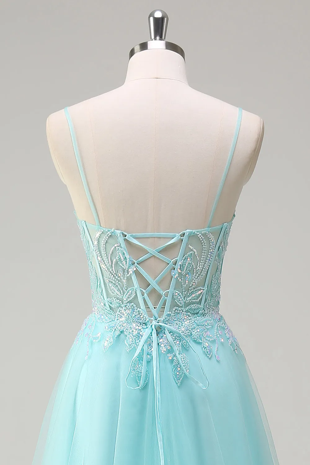 Sky Blue Spaghetti Straps Beaded A-Line Prom Dress with Appliques sold by Zapaka product image thumbnail 5