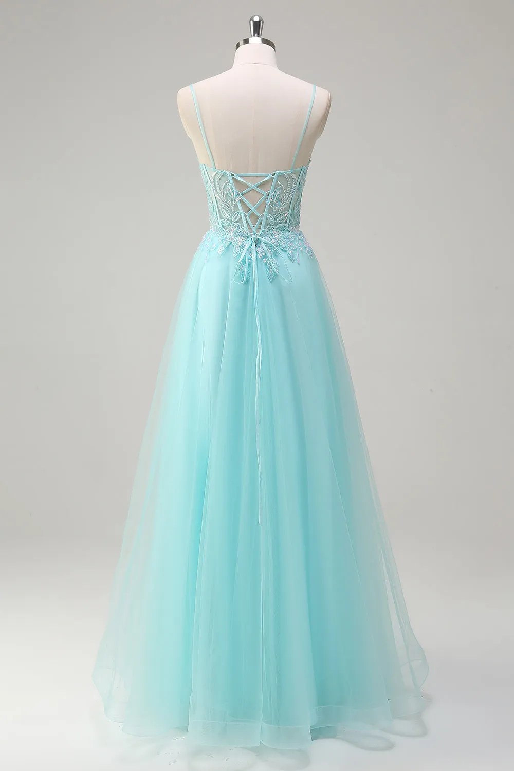 Sky Blue Spaghetti Straps Beaded A-Line Prom Dress with Appliques sold by Zapaka product image thumbnail 2