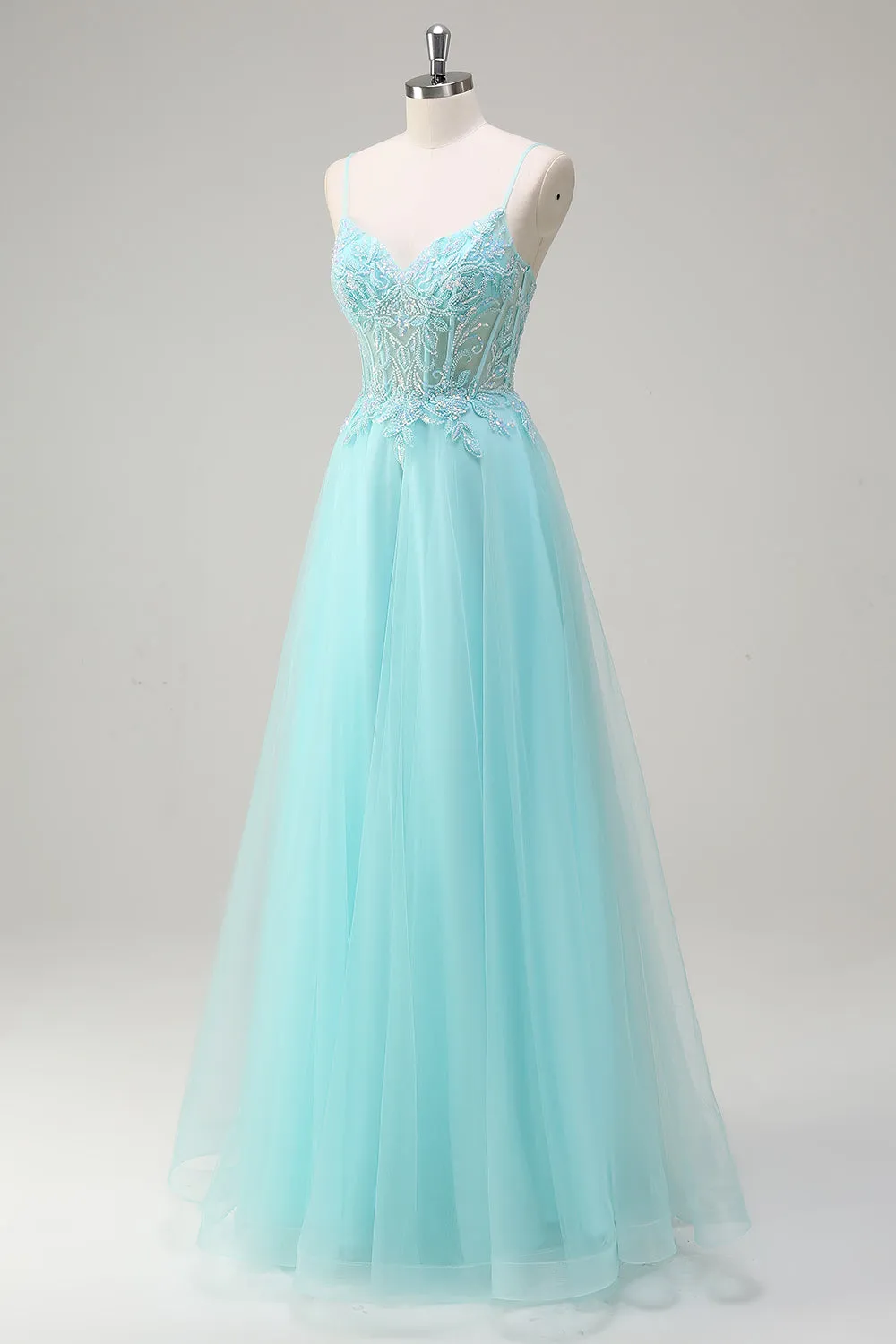 Sky Blue Spaghetti Straps Beaded A-Line Prom Dress with Appliques sold by Zapaka product image thumbnail 3