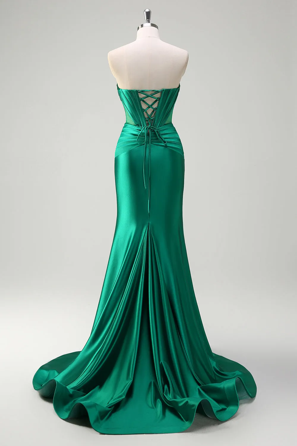 Sparkly Dark Green Mermaid Strapless Beaded Corset Ruched Satin Prom Dress with Slit sold by Zapaka product image thumbnail 2