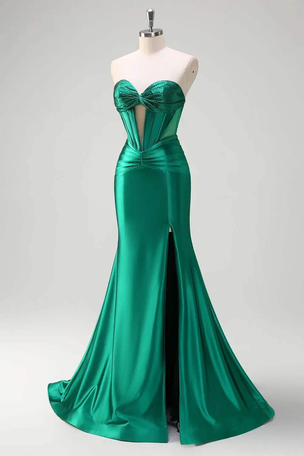 Sparkly Dark Green Mermaid Strapless Beaded Corset Ruched Satin Prom Dress with Slit sold by Zapaka product image thumbnail 3