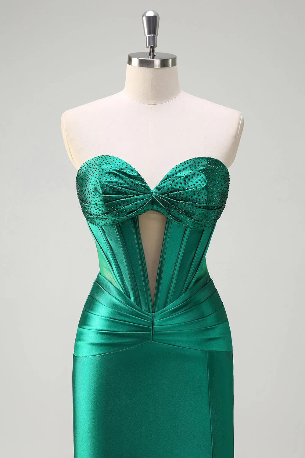 Sparkly Dark Green Mermaid Strapless Beaded Corset Ruched Satin Prom Dress with Slit sold by Zapaka product image thumbnail 4