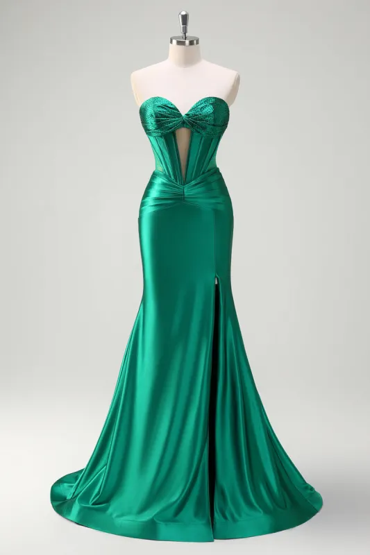 Sparkly Dark Green Mermaid Strapless Beaded Corset Ruched Satin Prom Dress with Slit sold by Zapaka