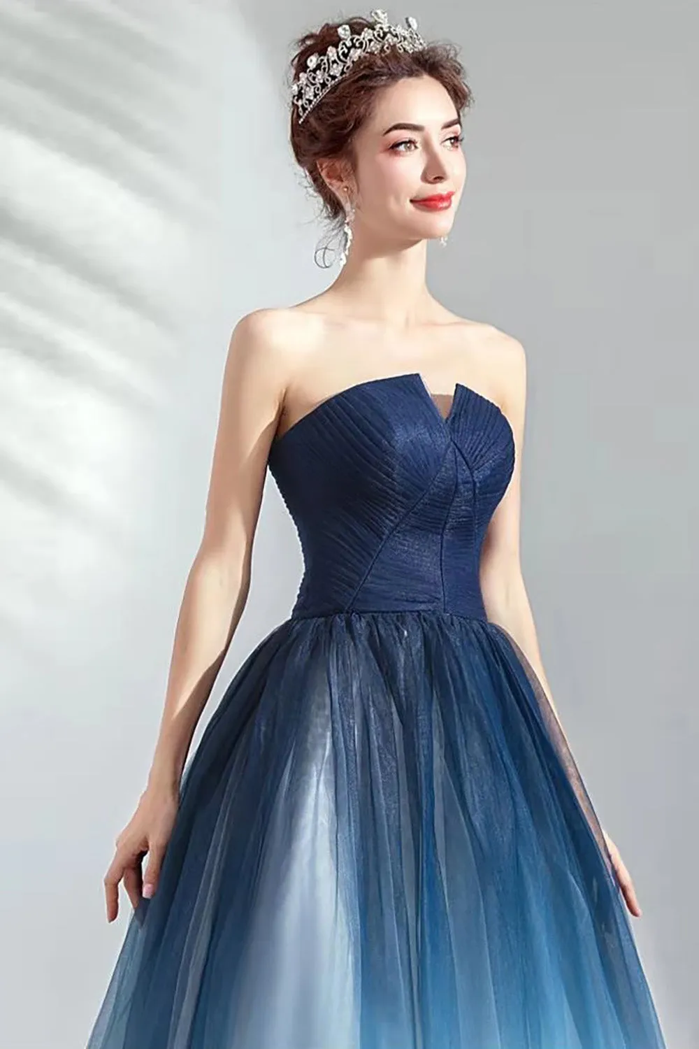 Navy A Line Strapless Tulle Pleated Long Prom Dress sold by Zapaka product image thumbnail 5