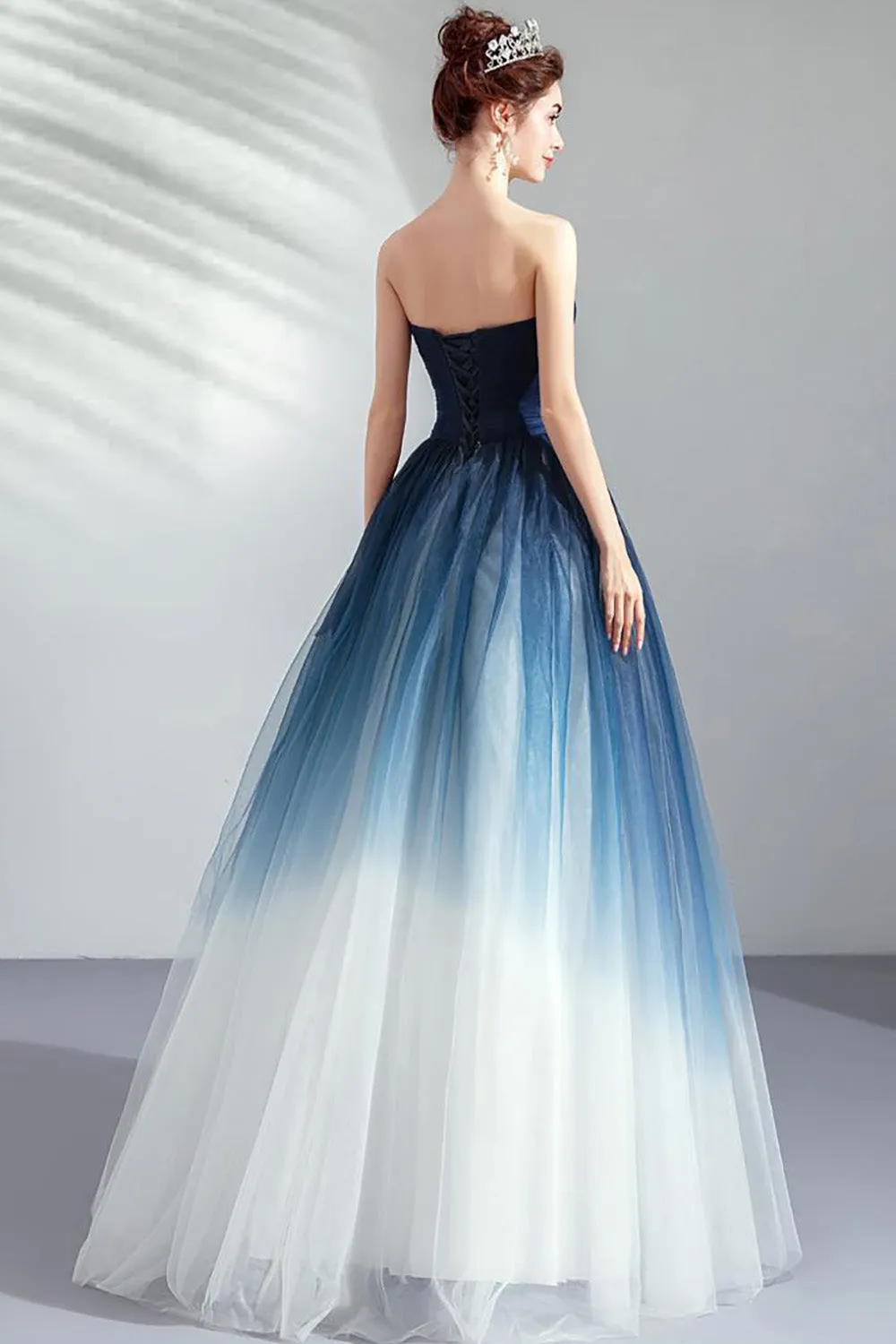Navy A Line Strapless Tulle Pleated Long Prom Dress sold by Zapaka product image thumbnail 2